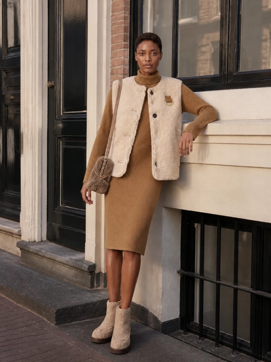 Max mara camel sweater dress shearling gilet outfit