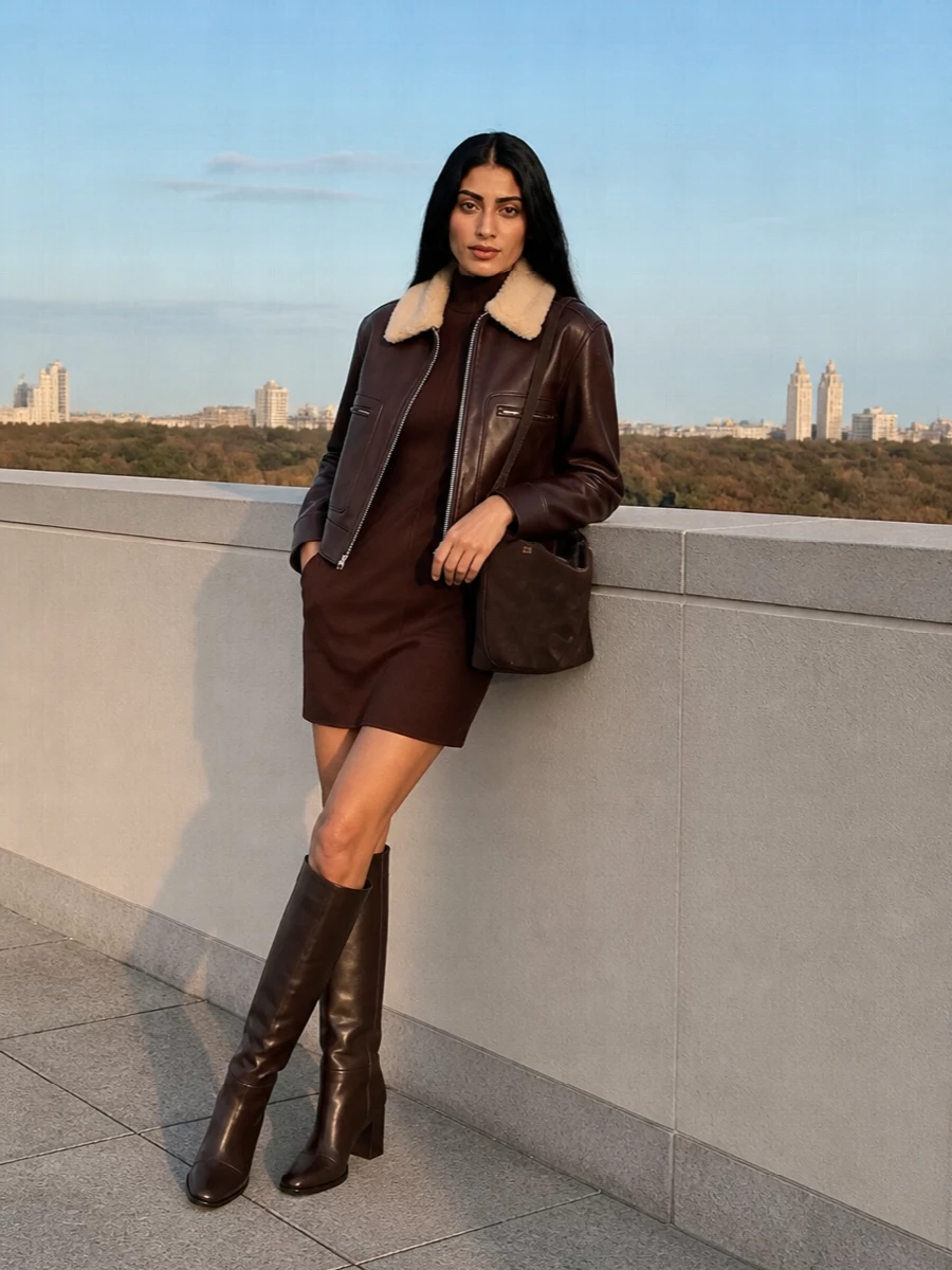 I’m styling the Bottega Veneta bomber over a tonal Max Mara chestnut knit mini, using a head‑to‑toe chocolate story to keep the shearling collar calm and intentional. Knee‑high Gianvito Rossi boots extend that vertical line, so the cropped jacket feels sharp rather than boxy. A low profile suede shoulder bag finishes it with quiet texture instead of competing structure, making this a refined winter knit‑and‑leather ensemble rather than a full tailored suit.