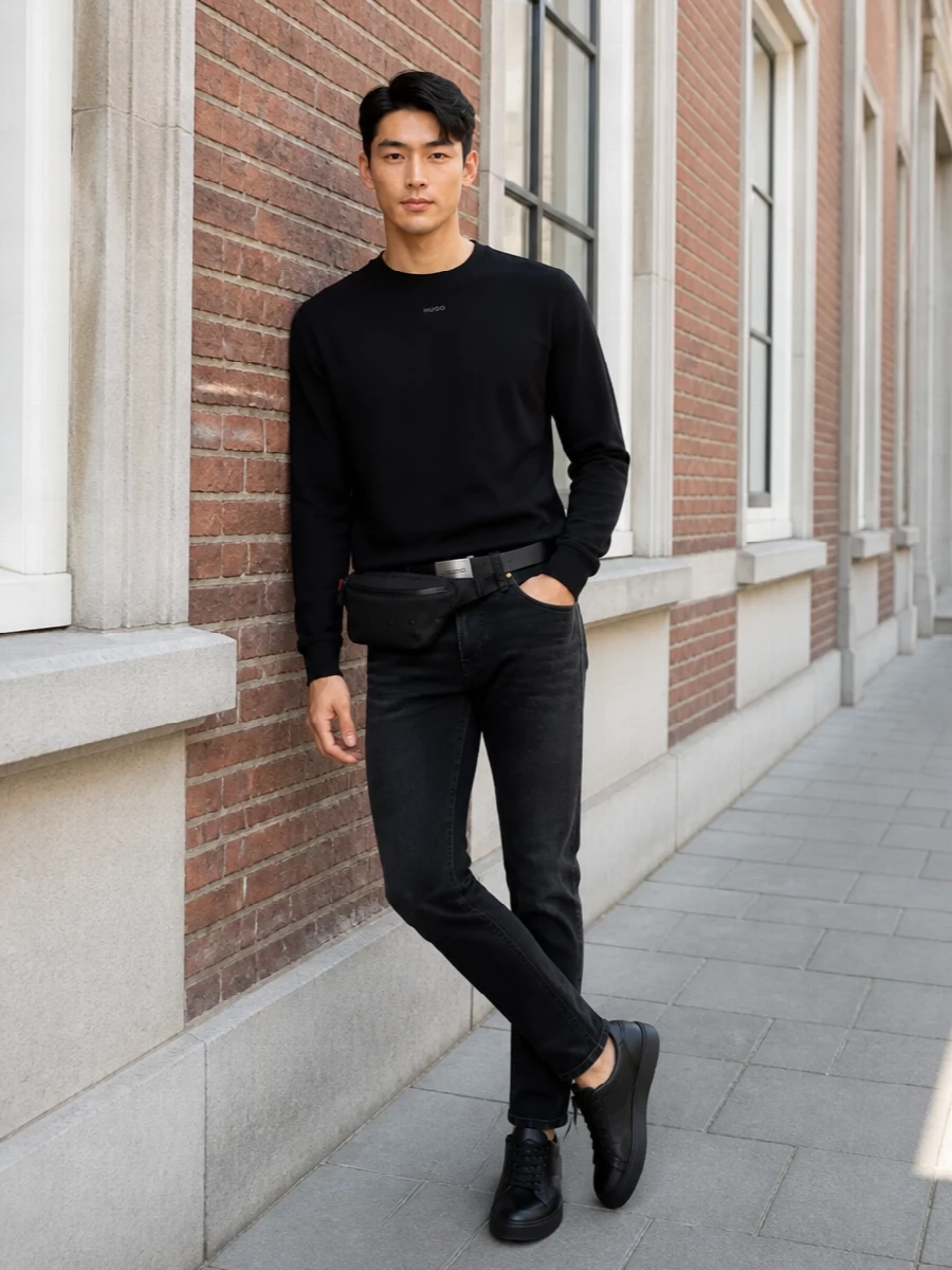 Hugo black long sleeve slim black jeans outfit