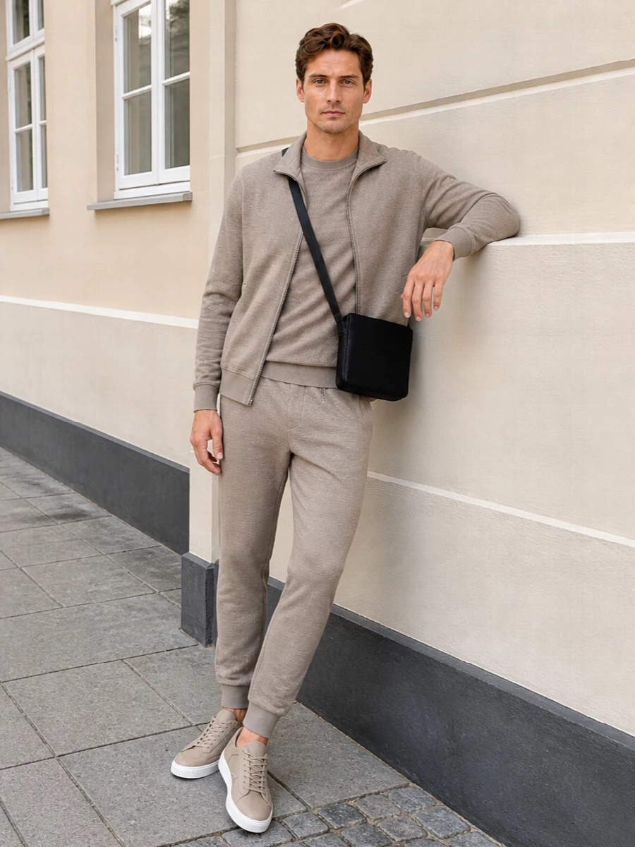 A tonal Emporio Armani knit set in taupe keeps the silhouette clean and athletic while leaning fully into quiet, coordinated texture. Matching joggers and zip-through layers sit alongside taupe sneakers for a near-monochrome story, with a slim black crossbody adding just enough contrast to ground it for the city. The result is relaxed but considered, ideal for travel days or low-key weekends when you still want everything to feel intentional.