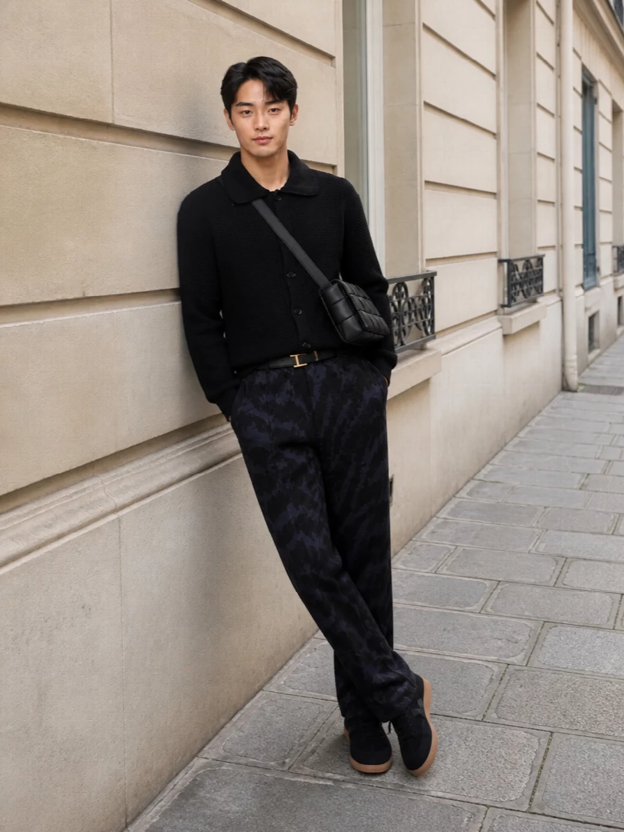 Designer camo lounge pants black cardigan outfit