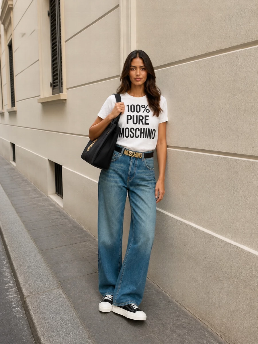 Moschino logo tee wide leg jeans outfit