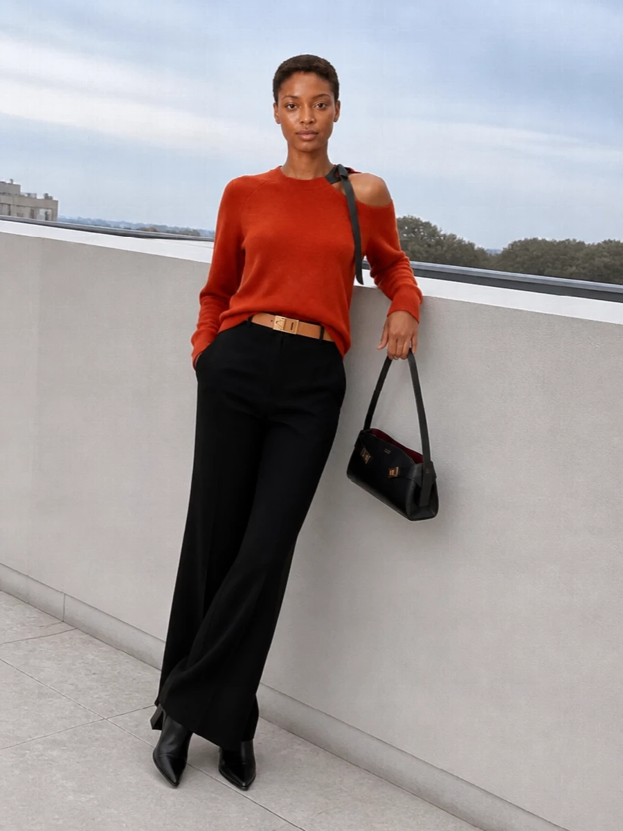 Ferragamo orange sweater black flared trousers