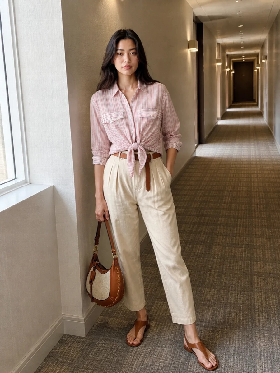 Striped Marant shirting knotted at the waist meets softly structured paperbag trousers for a relaxed, Parisian take on summer polish. Flat taupe T-strap sandals and a cream raffia-and-leather hobo keep the palette warm and light, ideal for city days and terrace evenings. A slim tan belt quietly sharpens the waist so the volume on top and tapered leg stay flattering rather than slouchy.