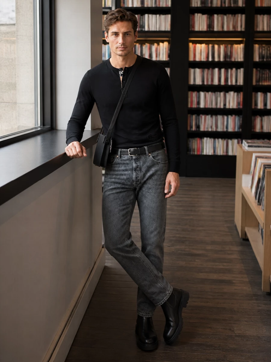 Burberry henley charcoal jeans black chelsea boots