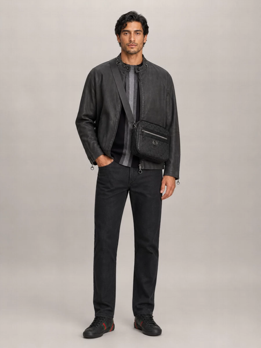 Washed charcoal leather over tonal greys and black denim creates a tight, city-ready uniform that feels precise without shouting. The straight-leg jean and low, streamlined sneaker keep the silhouette long and clean, while the structured crossbody and subtle knit detailing echo the jacket’s industrial hardware. It is a quiet, modern streetwear take on luxury that moves easily from afternoon in the city to low-key night plans.
