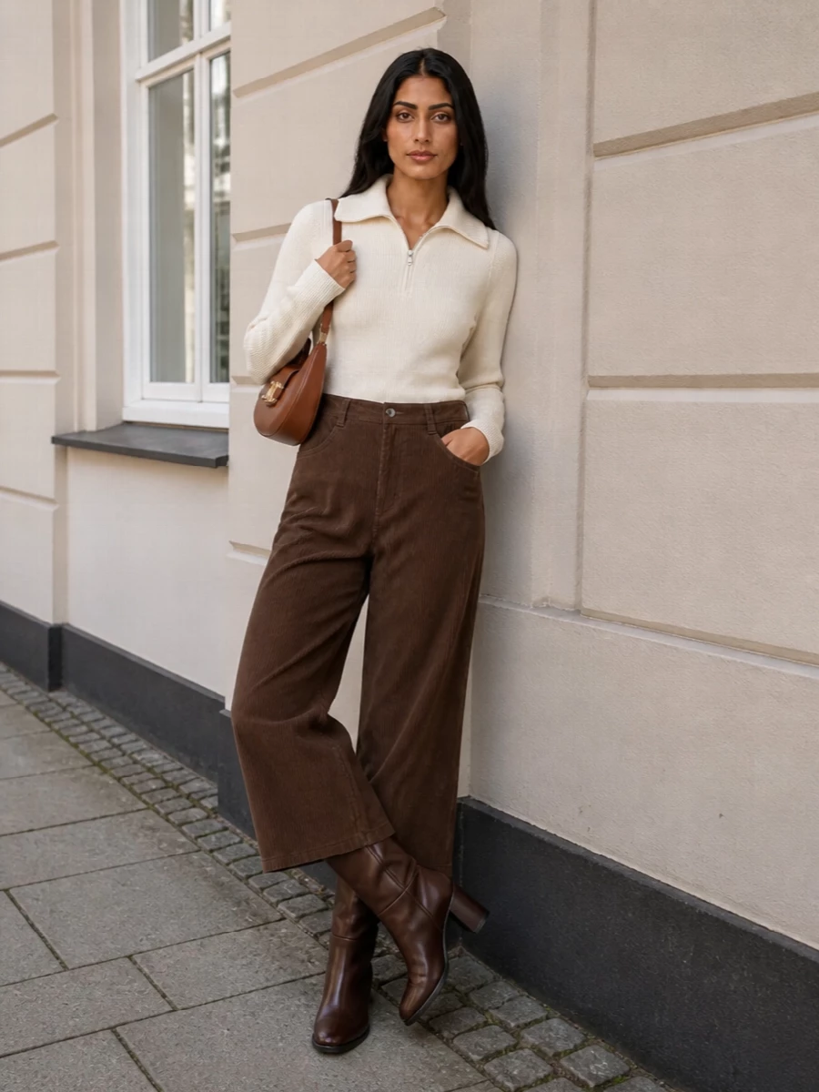 Chocolate corduroy grounds an easy wide-leg silhouette, paired with a clean ivory half-zip for a soft, collegiate contrast. Knee-high leather boots sharpen the line, while a curved tan shoulder bag adds warm structure and subtle color depth. The result is relaxed but precise, ideal for cooler days when you want polish without stiffness.