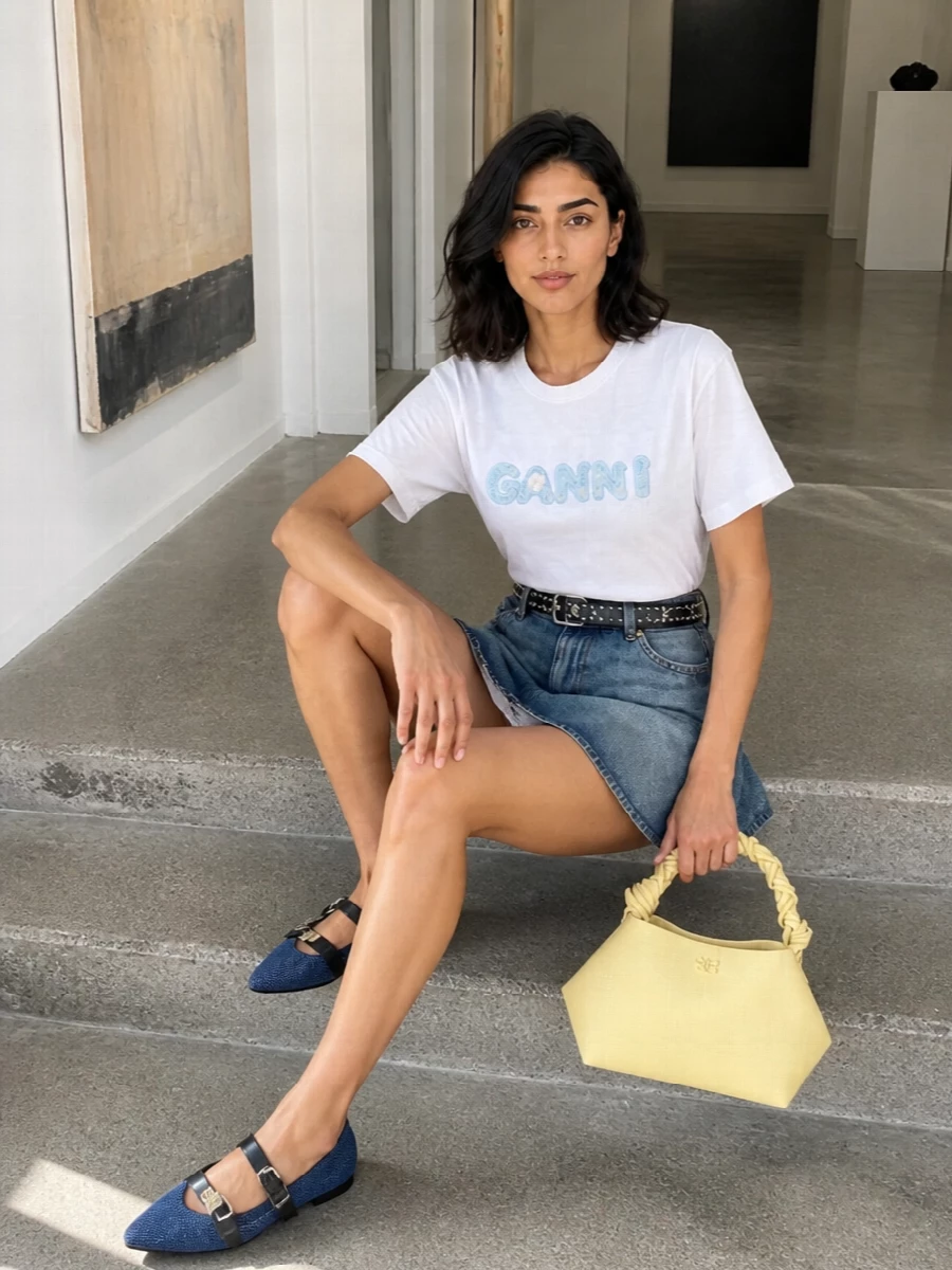 A flared denim mini sits high and sharp at the waist, balanced by a clean, boxy logo tee that keeps everything easy and a bit nostalgic. Pointed denim ballerinas and a slim studded belt add just enough edge, while a pastel yellow satchel brings a soft hit of color that keeps the whole outfit bright and summery. It is an off-duty city uniform with a playful preppy twist and clear Y2K energy.