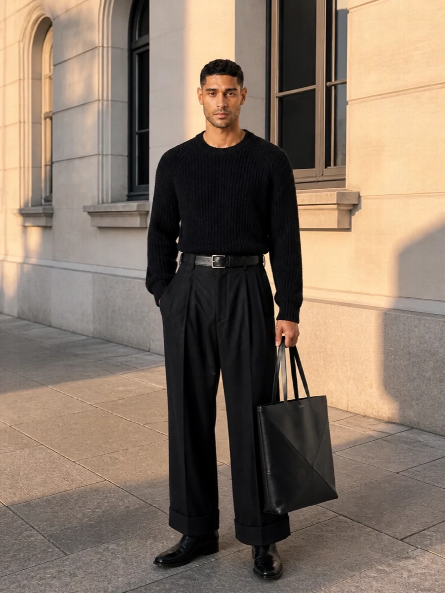 Architectural black on black keeps the focus on shape: a ribbed knit skimming into high-waisted, wide pleats and a sharp cuff grazing the Margiela boots. The belt and tall tote add disciplined structure and texture shifts, so the outfit feels gallery-ready, serious, and quietly subversive rather than plain. It is a dressed-up streetwear uniform built for long days that end at late openings and good bars.