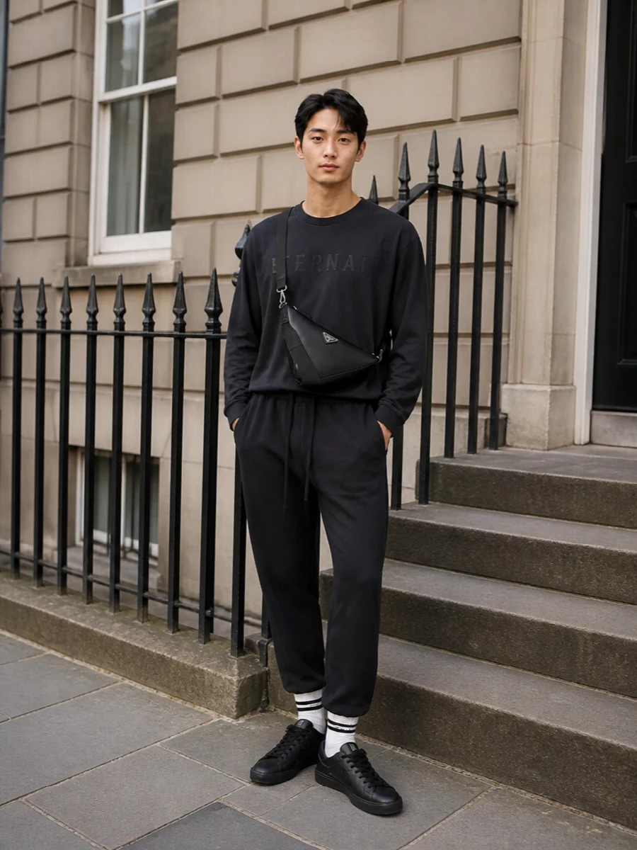 A monochrome Fear Of God base keeps everything long, relaxed and quietly graphic, from the washed black trousers to the tonal ETERNAL tee. Stealthy black sneakers and a sharp Prada crossbody keep the energy grounded in the city, more about texture and proportion than visible logos. The result is a calm, street-led uniform that reads considered without trying too hard.