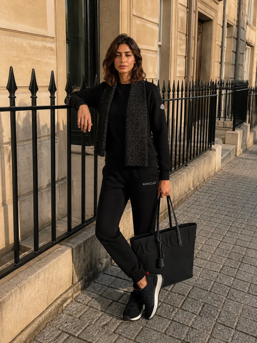 A head-to-toe black Moncler base keeps this set sharp, sporty and quietly logoed, ideal for travel days and city downtime. The tapered jogger refines the relaxed sweatshirt, while the all-black runner and structured tote shift the mood from loungewear to considered off-duty uniform.