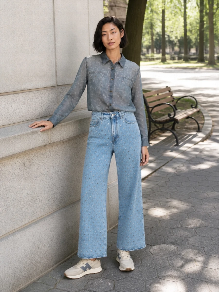Haikure denim shirt wide leg jeans sneakers