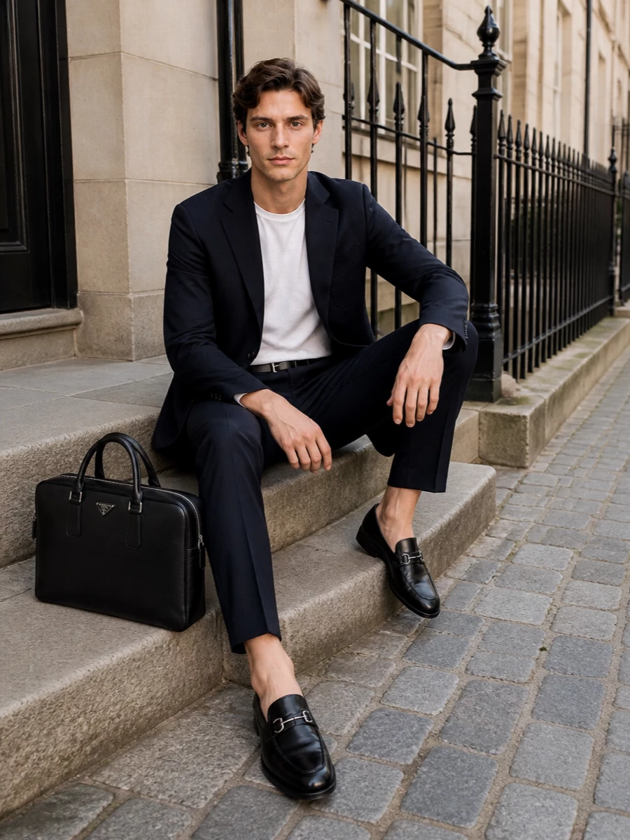 Giorgio armani navy suit ferragamo loafers