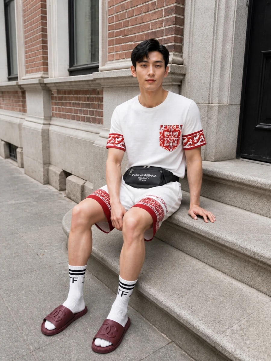 Dolce gabbana red print swim shorts outfit