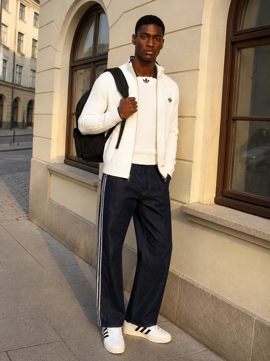 Adidas cable knit jacket striped jeans sneakers