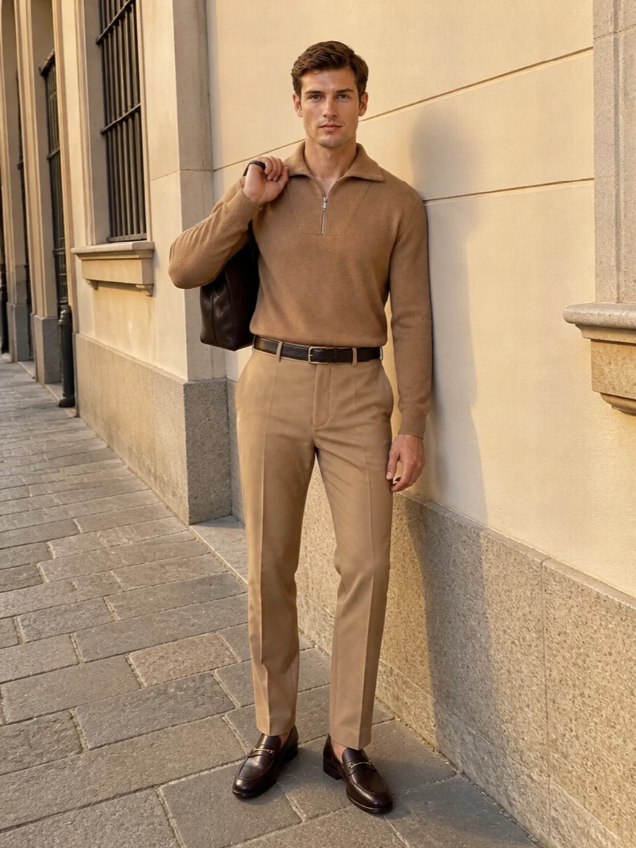 Valentino camel trousers knit loafers outfit