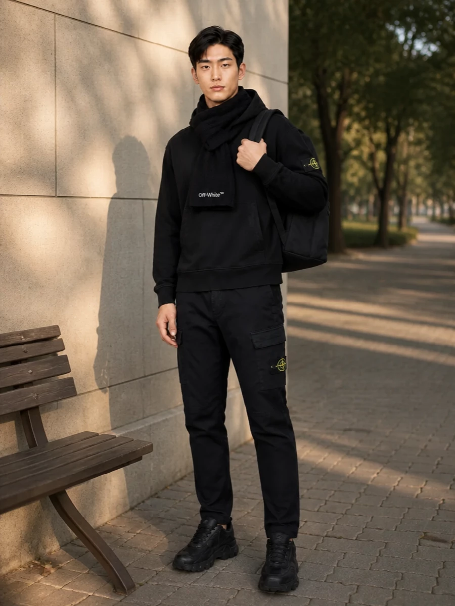 Stone island black hoodie cargo pants sneakers