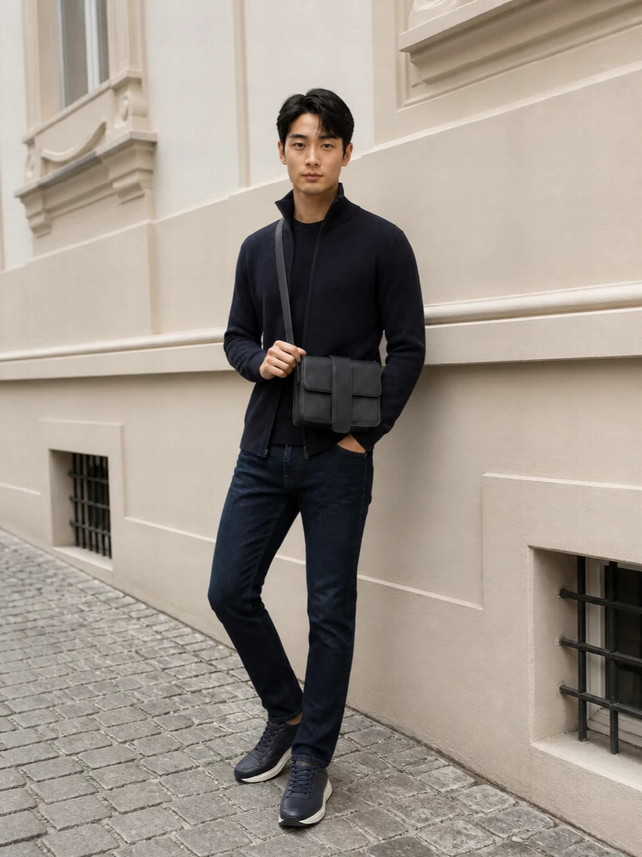 Closed navy knit jacket slim jeans sneakers