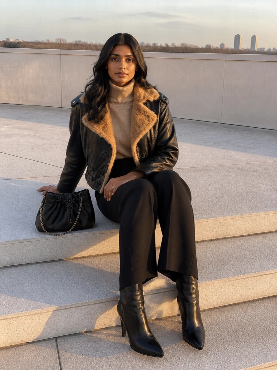 I chose the top and trouser path rather than a dress so the cropped aviator jacket can sit over a clean, elongated base, keeping the focus on its sculpted shoulders and plush collar. The camel turtleneck ties into the faux-fur tone, wide-leg tailoring and sleek knee boots create a long, confident line, and the ruched clutch adds a touch of soft texture that still feels distinctly city. It is a modern winter outfit with quiet power and just enough attitude in the leather and hardware mix.