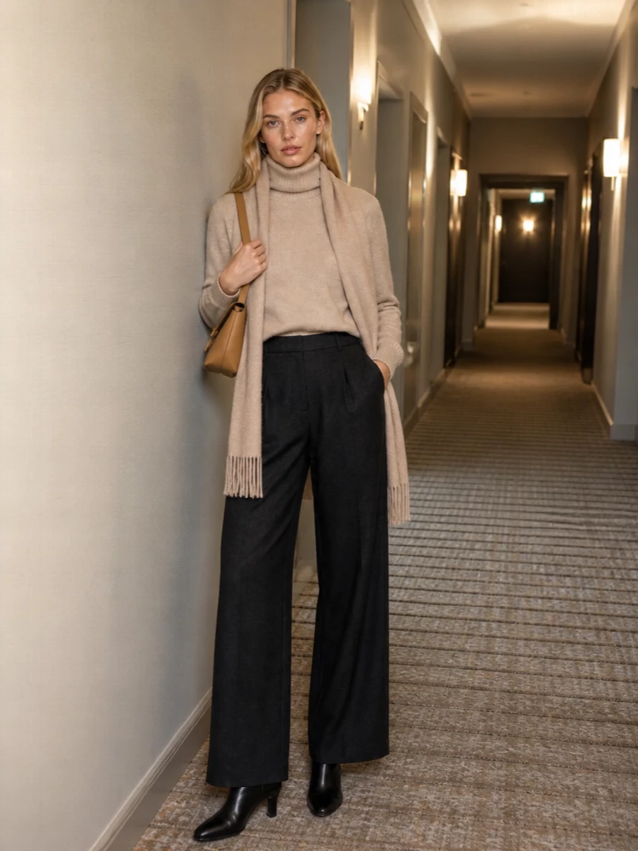 Toteme beige turtleneck wide leg trousers outfit