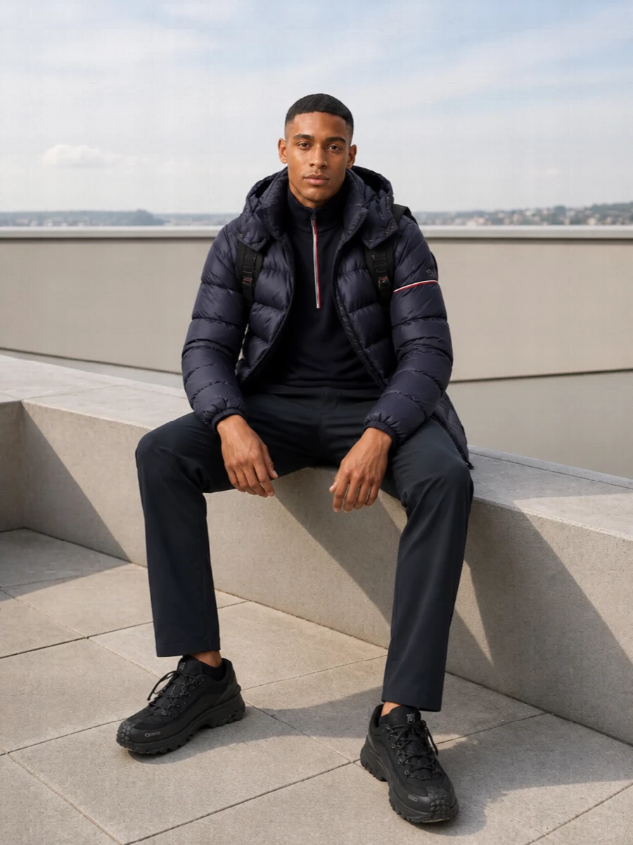 Moncler navy puffer technical pants outfit