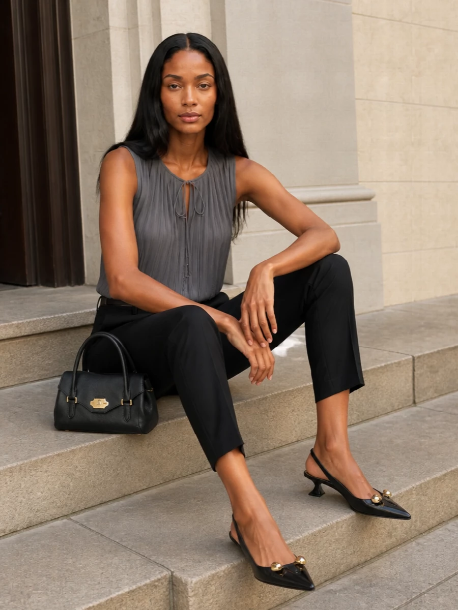 A slim black tailored trouser meets a slate-grey pleated shell for a clean, elongated column that reads quietly powerful rather than severe. Patent slingbacks and a sculpted mini top-handle bag introduce just enough gold and shine to shift the outfit seamlessly into dinner or a gallery evening. The fine black belt simply sharpens the waist, keeping the whole composition precise and restrained.