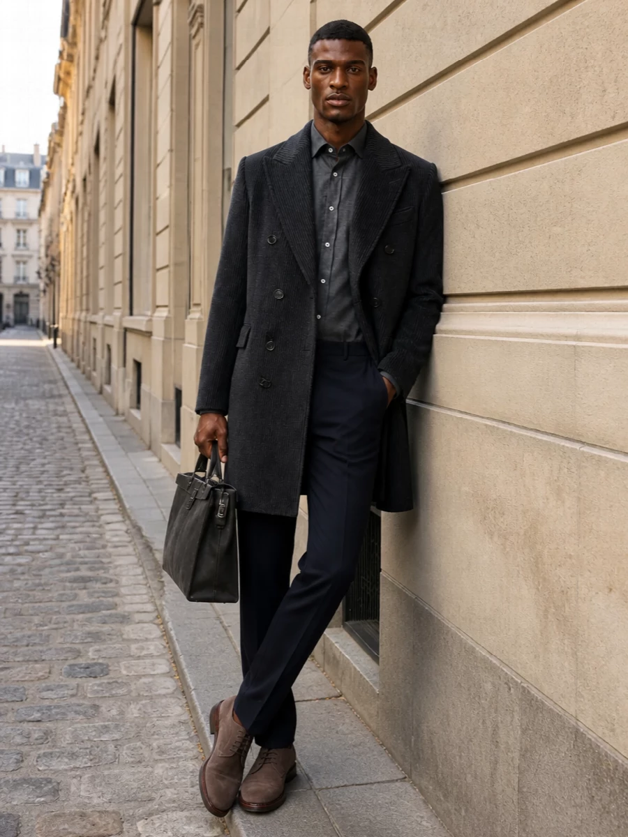 Brunello cucinelli charcoal coat navy trousers