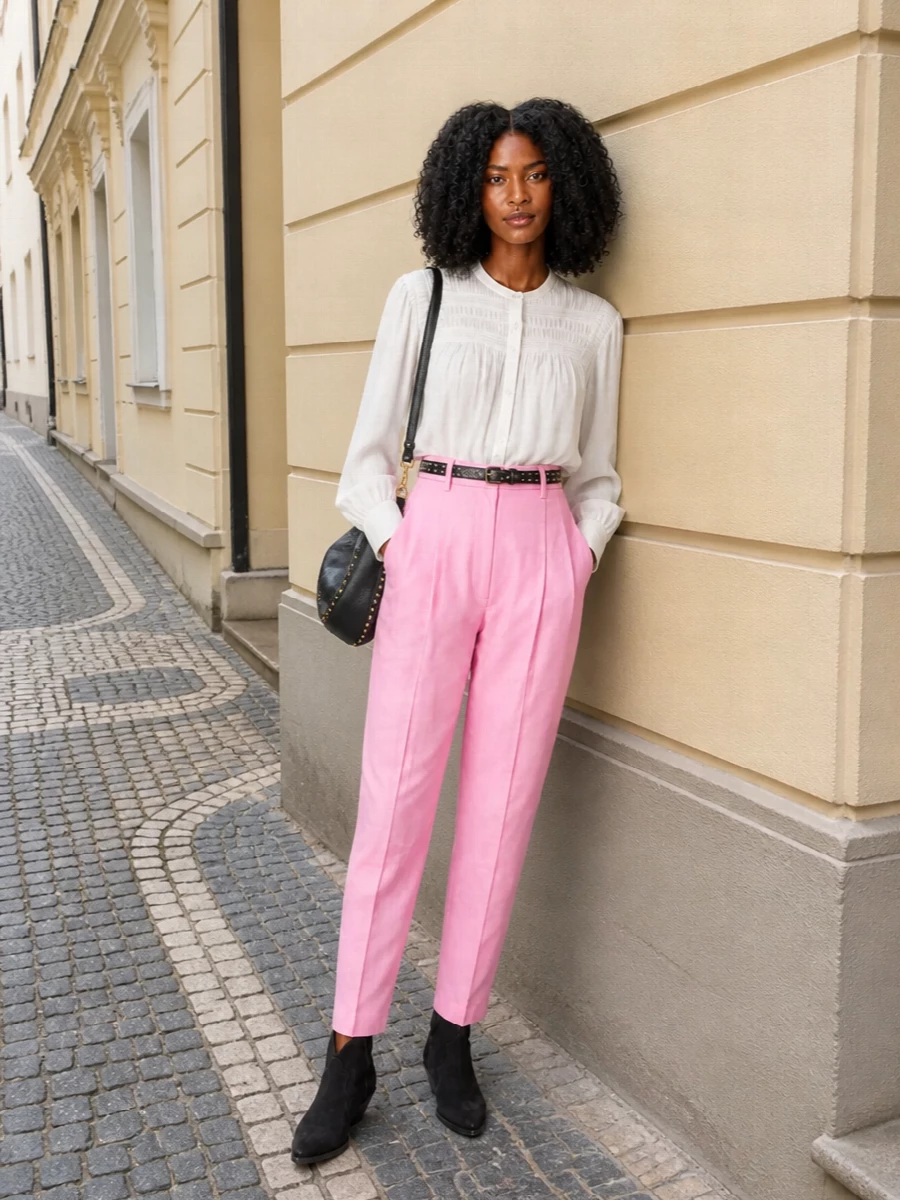 Isabel marant pink trousers black boots outfit