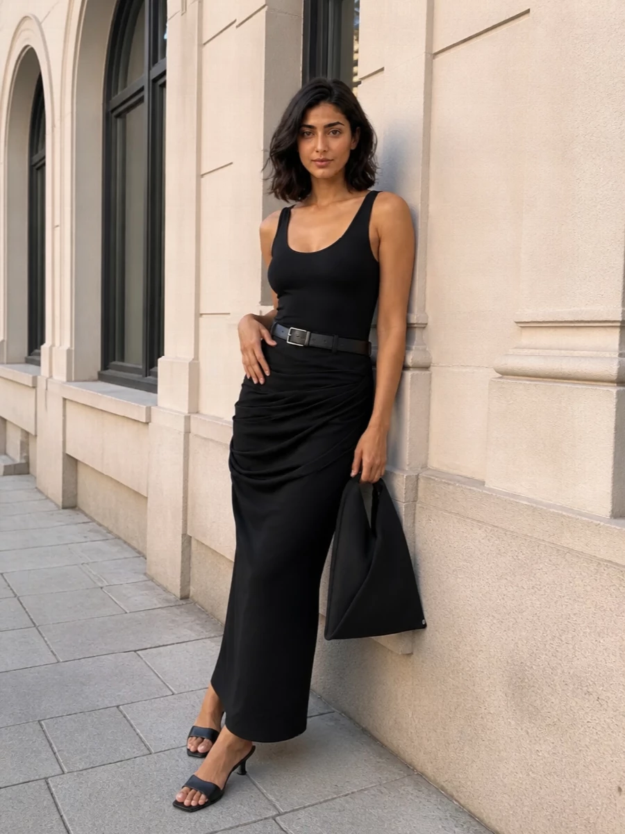 Entire studios black maxi skirt outfit mules