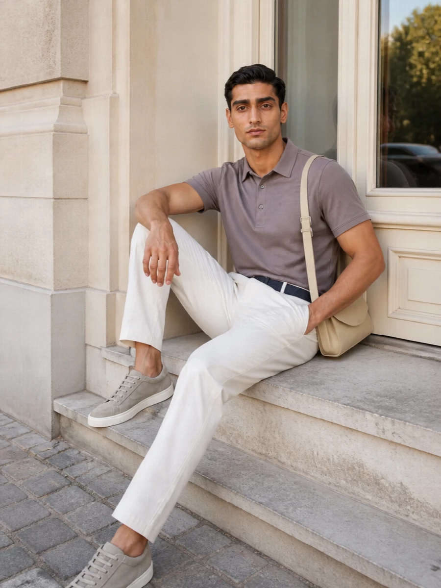 Taupe and off white keep this outfit calm and precise, with the polo and pleated trouser reading relaxed but still distinctly tailored. Light taupe sneakers and a sculptural pale shoulder bag continue the soft, tonal story, while a navy braided belt adds just enough contrast to keep it crisp. It is an easy warm-weather uniform for quiet days in the city or low-key dinners on a terrace.
