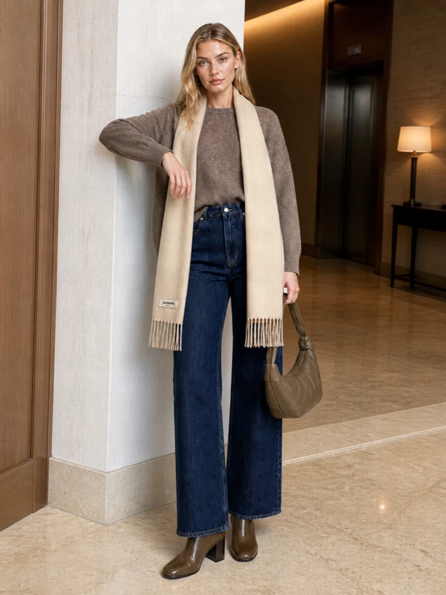Taupe, denim and softly structured leather come together in a calm, neutral palette that feels considered without trying. The high-rise wide-leg jean grounds the plush crewneck, while the sculptural boots and curved bag quietly sharpen the relaxed proportions. A long, pale scarf adds a gentle column of texture that keeps everything cohesive and understated.