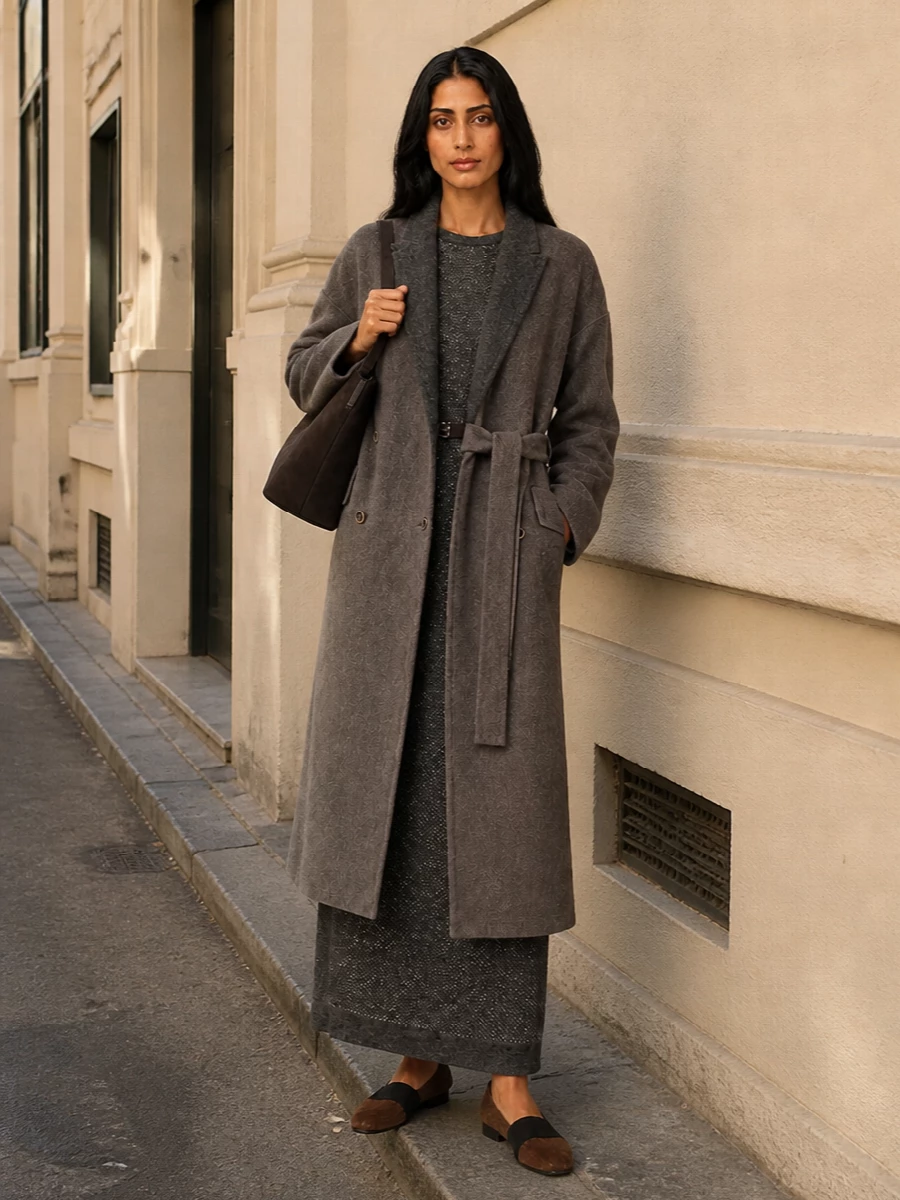Go dress as the anchor: the Brunello Cucinelli knit column and the Uma Wang coat share that long, belted, slightly cocooned line, so together they read as one continuous, tailored silhouette. Chestnut and espresso accessories warm the taupe–charcoal base without breaking its restraint, keeping everything firmly in a quiet, city winter register. The result is minimalist but not flat, all about subtle texture shifts and clean structure rather than obvious contrast.