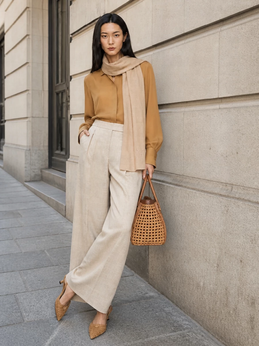 Max mara sheer shirt wide leg trousers outfit