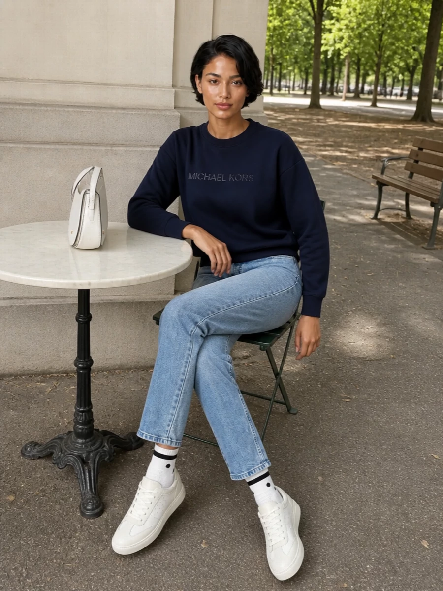 Michael kors navy sweatshirt jeans white sneakers