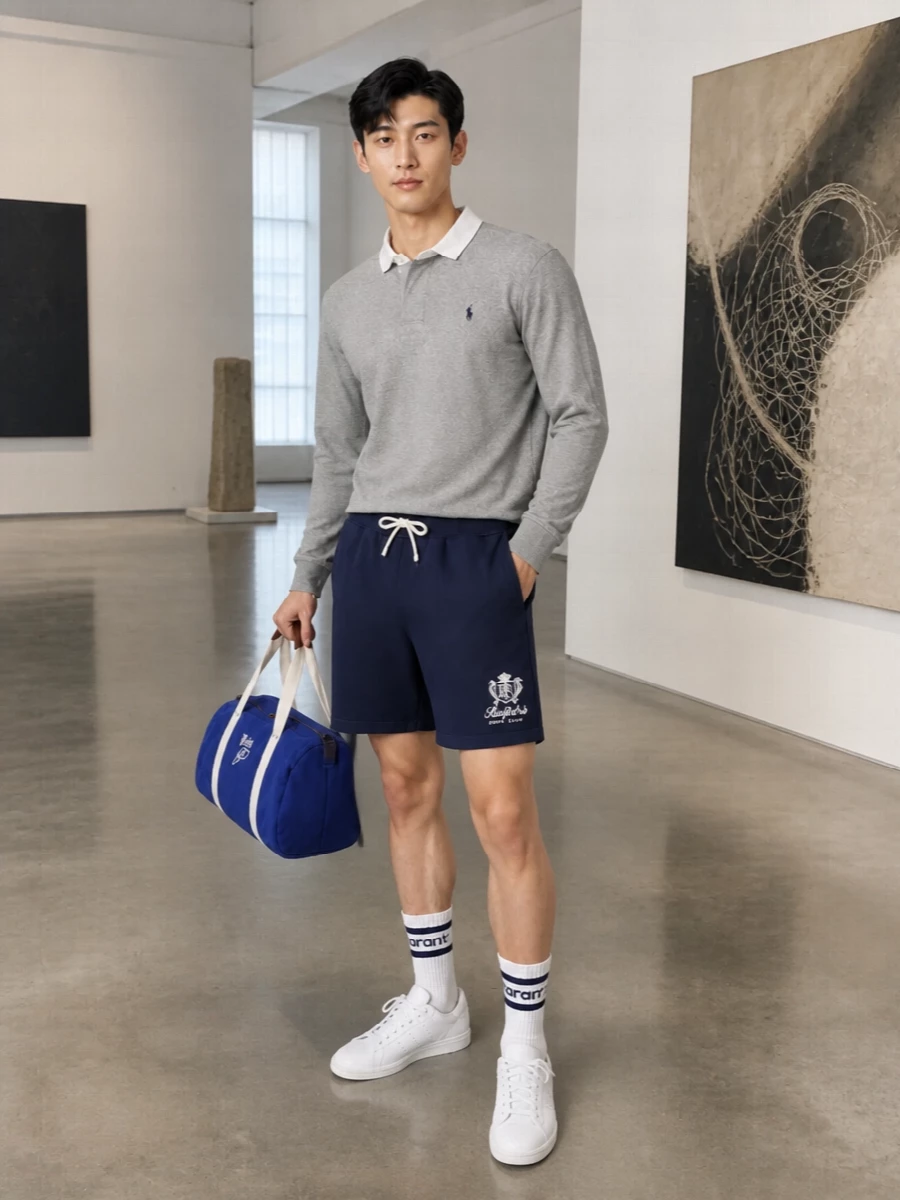 A grey rugby with a white collar sits cleanly over navy deck shorts, hitting that sweet spot between sport and prep. White court sneakers and striped crew socks keep it sharp but relaxed, while the Polo duffle leans into easy weekend energy without feeling loud.