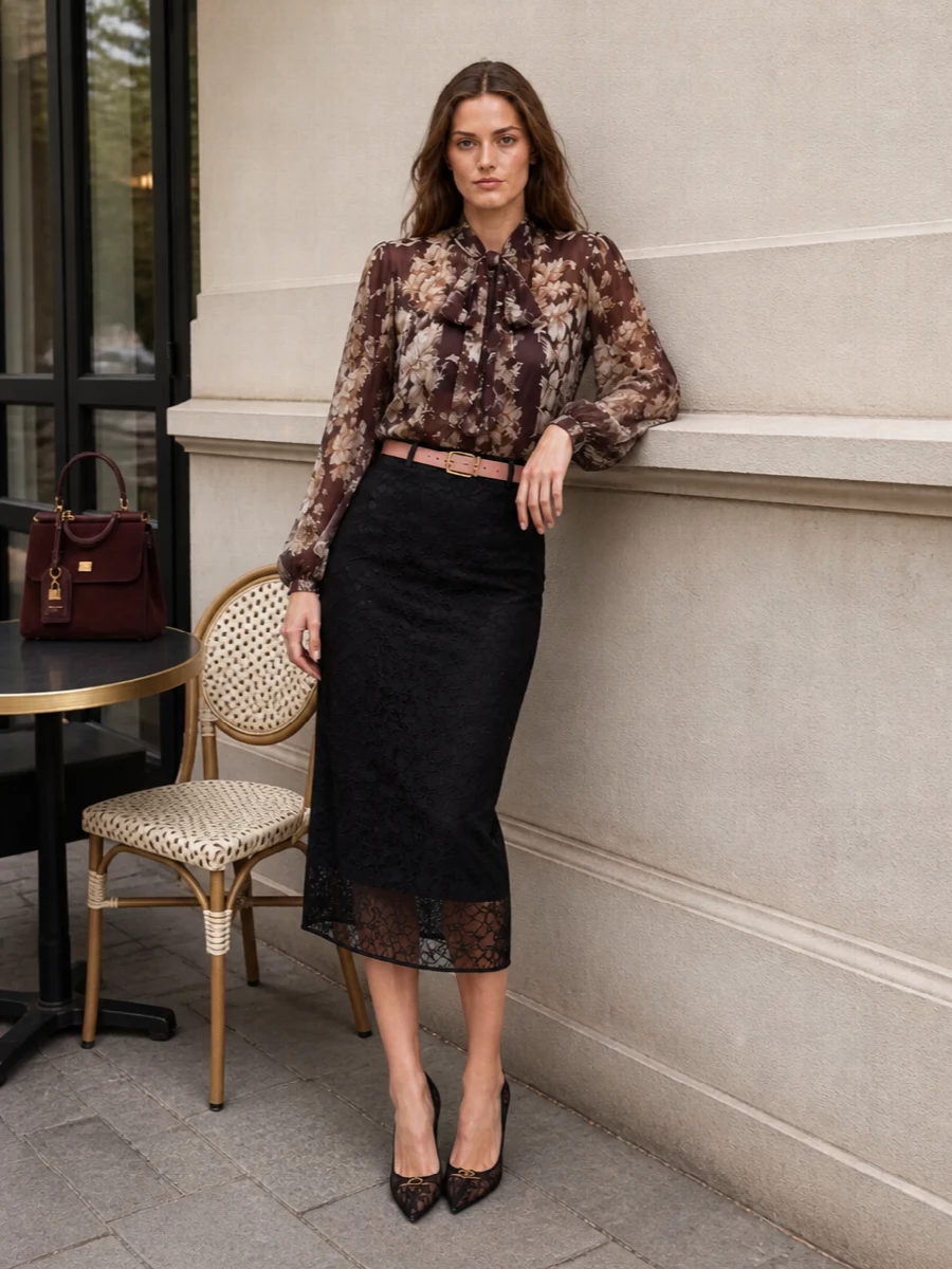 Dolce gabbana floral blouse lace midi outfit