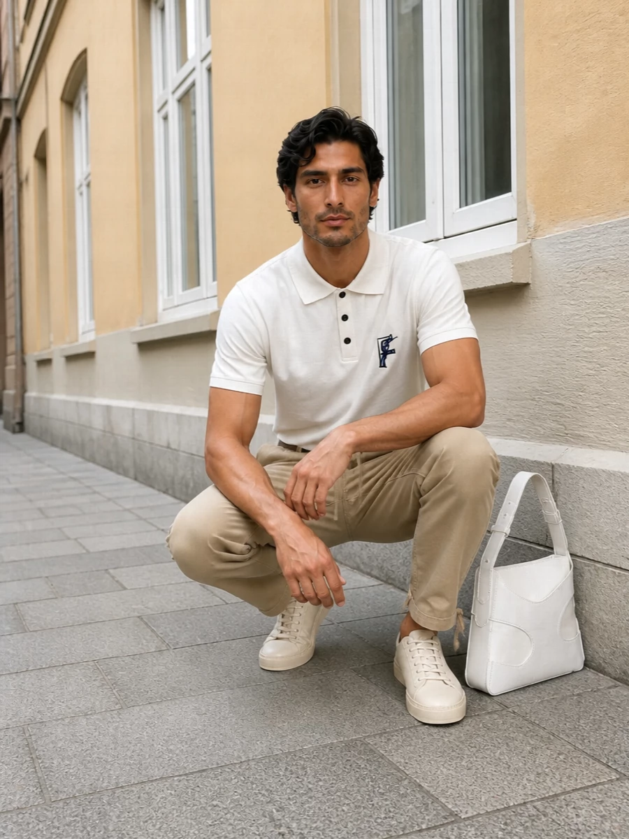 Ferragamo camel drawstring trousers white polo