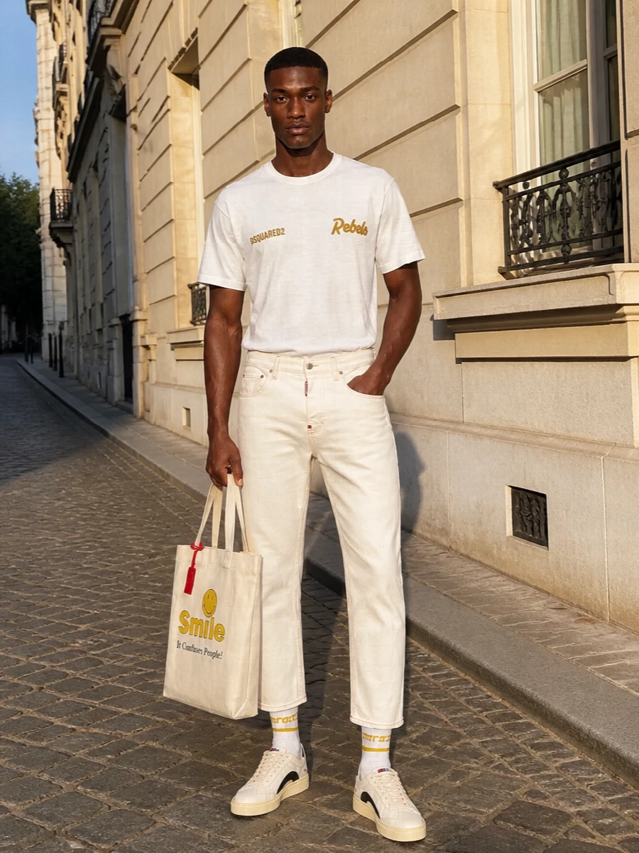 Dsquared2 white tee off white jeans outfit