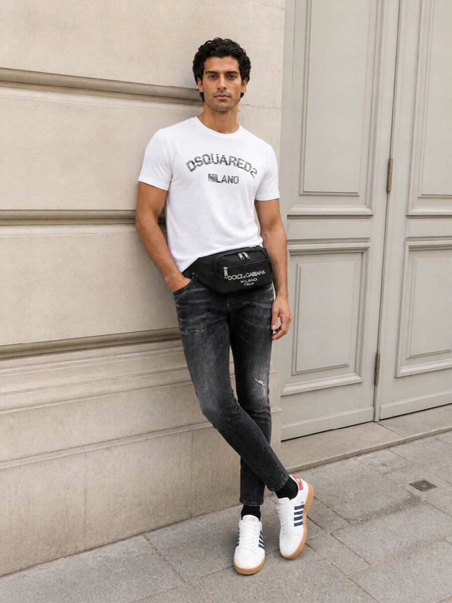 Dsquared2 white logo tee black jeans outfit