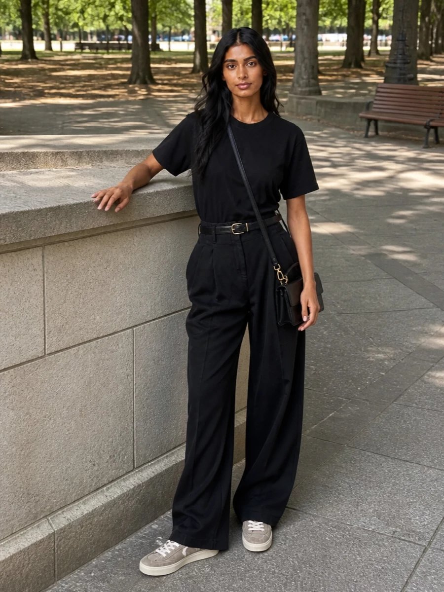Golden goose black wide leg trouser outfit sneakers