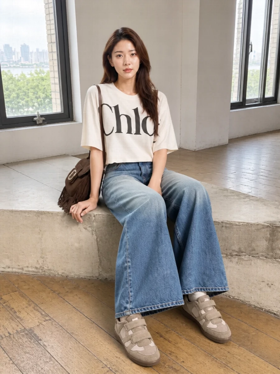 Taupe wedge sneakers, a cropped Chloé logo tee and sun-faded wide-leg denim create an easy, leg-lengthening mix of streetwear and soft boho. The high rise against the boxy crop keeps proportions sharp while the warm neutrals and blue denim stay relaxed and wearable for daytime.