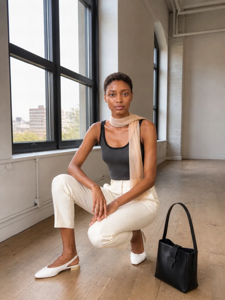 Charcoal ribbing meets ivory tailoring for a long, lean line that feels calm but considered. The pale trouser and white slingback keep the palette light, while the structured black shoulder bag sharply defines the silhouette. A sheer nude scarf finishes things with just enough softness to keep the minimalism from feeling severe.