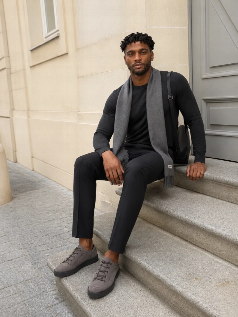 A charcoal merino crew with slim Lardini tailoring sets a precise, quiet base that feels right from desk hours to low-key dinners. Muted grey Tod’s sneakers relax the formality without breaking the minimalist line, while a sculptural black Jil Sander shoulder bag and soft grey scarf keep everything sharp, calm and considered in motion.