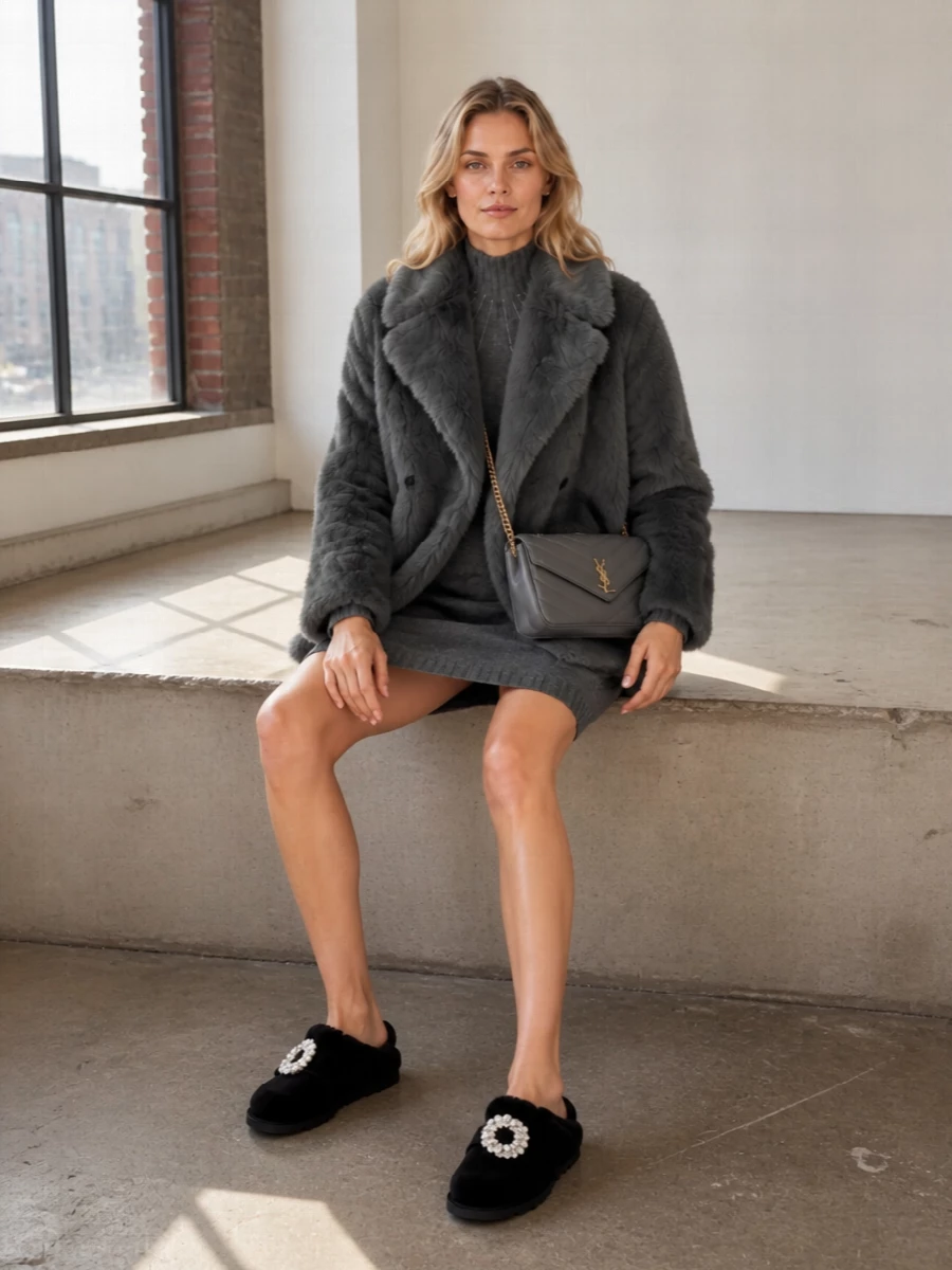 Yves salomon faux fur jacket charcoal knit dress