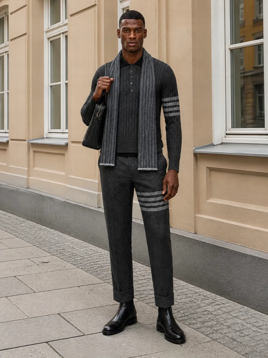 Thom browne grey polo cropped trousers boots