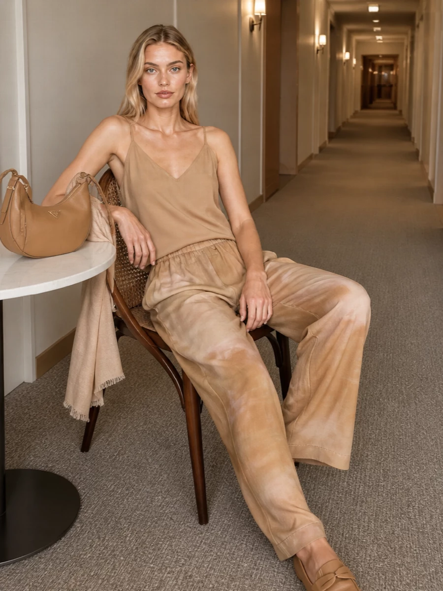 A fluid camel camisole lets the painterly wide-leg trouser stay in focus, keeping the palette sun-warmed and tonal. Soft camel loafers and a curved camel shoulder bag pick up the same notes, giving quiet structure without breaking the ease. The result is a calm, city-ready outfit that moves easily from late morning errands to understated dinners in the same refined neutrals.