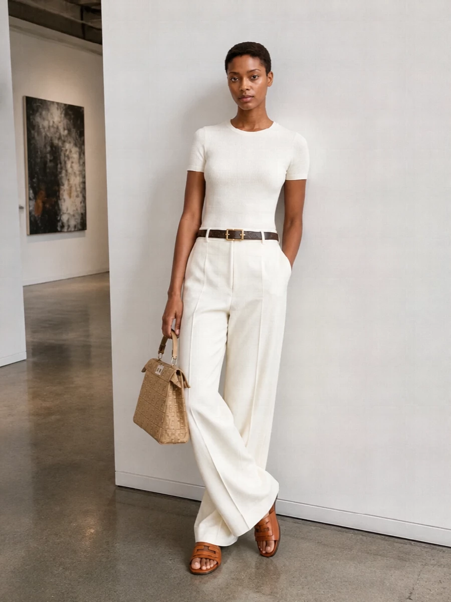 Fendi ivory knit wide leg trousers outfit