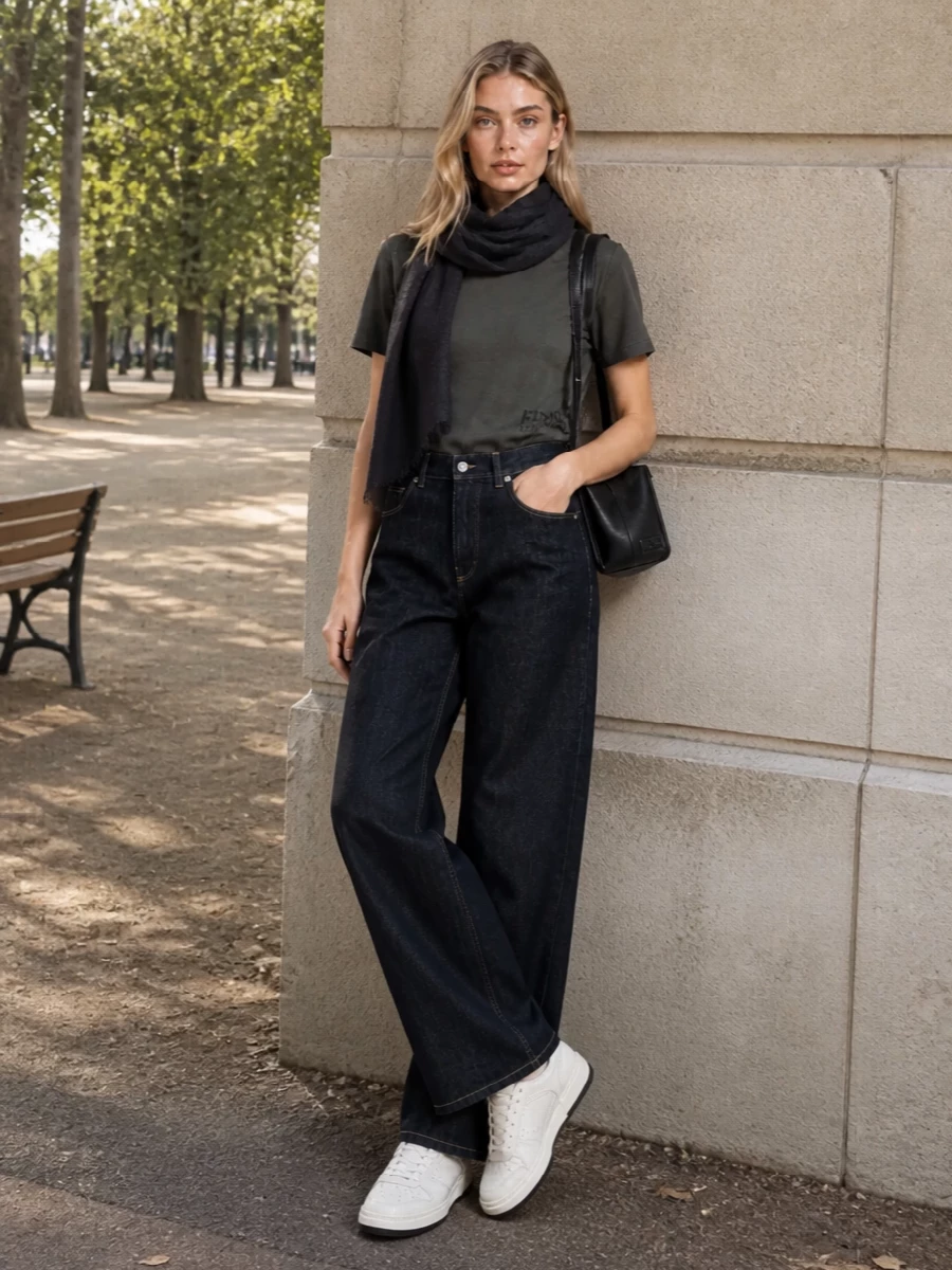 Fendi charcoal tee dark wide leg jeans outfit