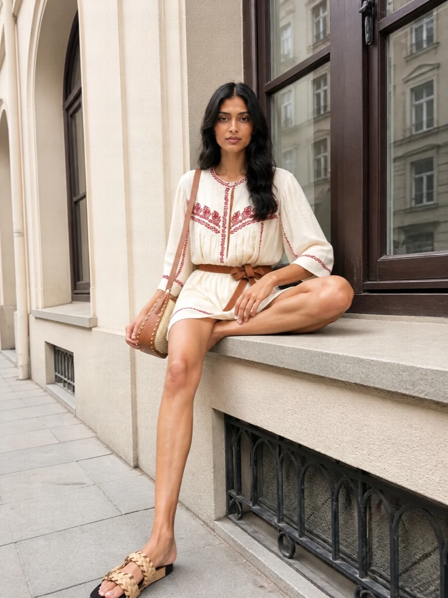 An Isabel Marant summer mini styled with tan raffia slides and a woven hobo leans into soft, sun-washed boho rather than anything too precious. The tan knot belt gently reins in the volume, giving a hint of shape while keeping the dress airy and relaxed. Perfect for slow city afternoons, market strolls or terrace lunches where you want romance with no effort required.