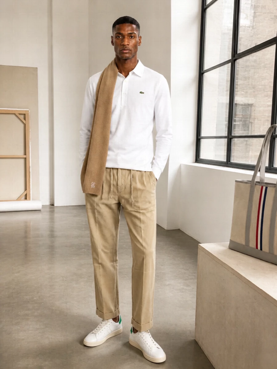 Lacoste white shirt polo sand trousers outfit